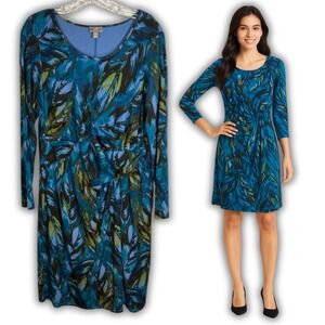 J Jill Wearever Teal Blue Leaf Feather Print Fit & Flare Tropical Dress Size M